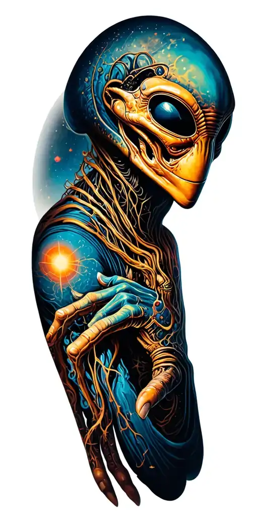 space alien arm growth from wrist to elbow sleeve tattoo design idea