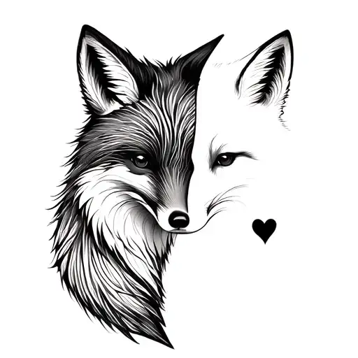 Matching tatto for married couple. First tatto: minimalistic simple fox with half part of the heart aboufe his head in r tattoo design idea