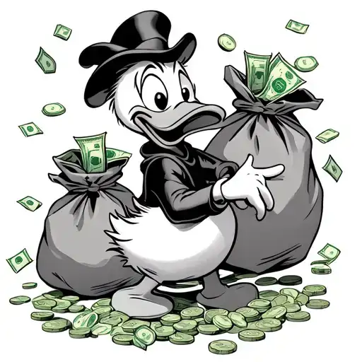 Donald Duck with bags of money and coins spilling tattoo design idea