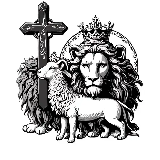 A crowned lion and a haloed lamb beside a cross, symbolizing Christ. tattoo design idea