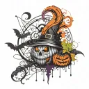 Include pumpkins, ghosts, bats, witches' hats, and cobwebs. Use a mix of bold colors like orange, black, purple, and gr tattoo design idea