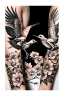 Tattoo all over the right arm depicting the skeletons of dead birds in flight, passing faded flowers to each other tattoo design idea