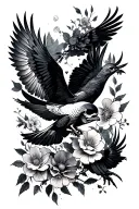 Tattoo all over the right arm depicting the skeletons of dead birds in flight, passing faded flowers to each other tattoo design idea