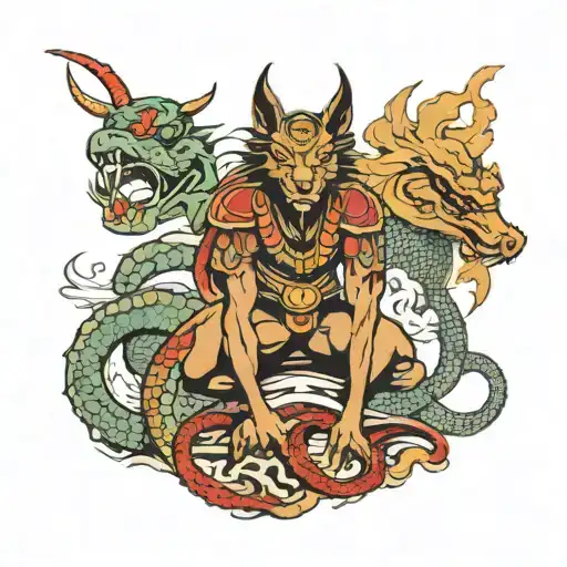 khepri surrounded by a Chinese dragon and wolf  tattoo design idea