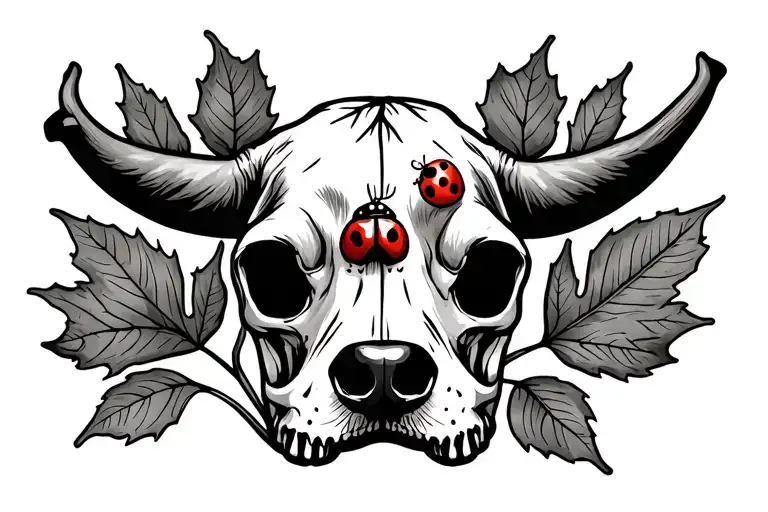 fall leaves, boxer dog paw print, cow skull with a lady bug tattoo design idea