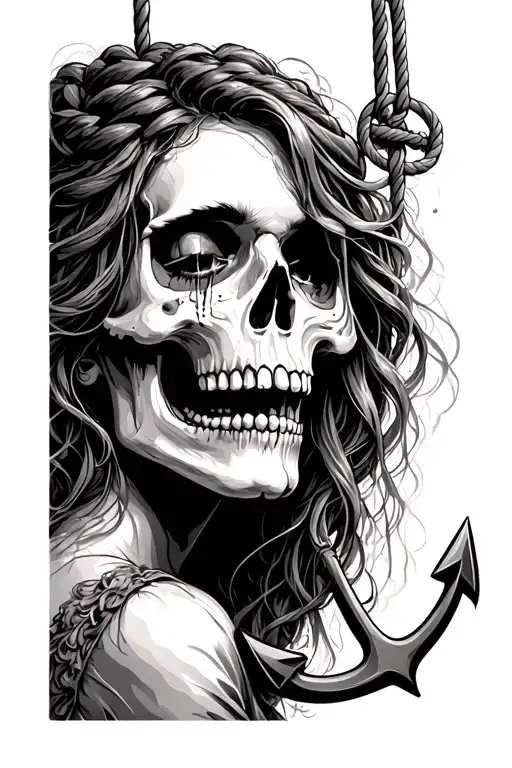 the idea is a crying woman, half of her face being a skull, she is being hung by a rope with an anchor tattoo design idea