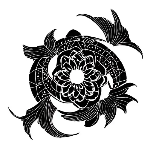 element symbols with lotis flower round tile and koi fish tattoo design idea