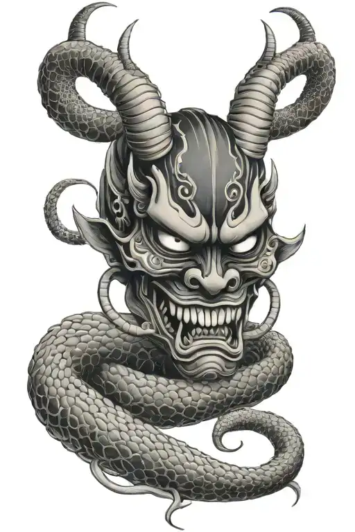 hannya mask with snake coiled tattoo design idea