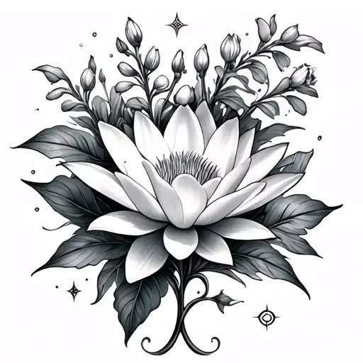 July zodiac symbol with larkspur and water lily flower tattoo design idea