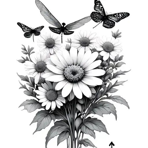 wild flowers with a few dragonflies and butterflies with a hidden semicolon tattoo design idea