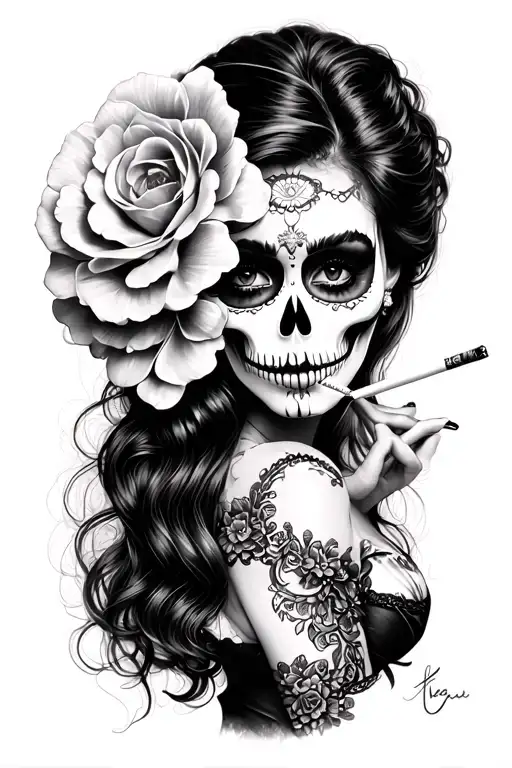 black and grey realism of La Catrina resembling Penelope Cruz smoking a cigarette  tattoo design idea