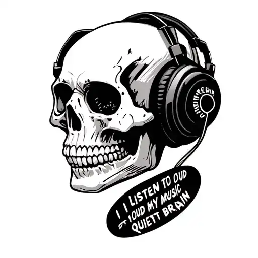 skull with headphones and wording that says" I listen to loud music to quiet my brain" tattoo design idea