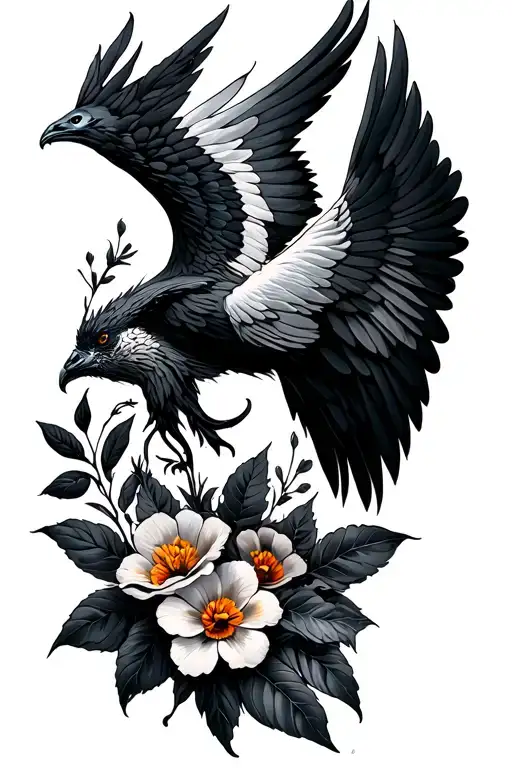 fénix open wing fine line con detalles en color and some flowers  tattoo design idea