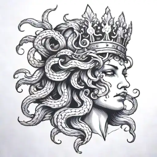 A beautiful Medusa's severed head with black glowing eyes and a crown tattoo design idea