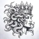 A beautiful Medusa's severed head with black glowing eyes and a crown tattoo design idea