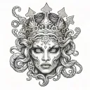 A beautiful Medusa's severed head with black glowing eyes and a crown tattoo design idea