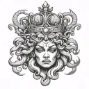 A beautiful Medusa's severed head with black glowing eyes and a crown tattoo design idea