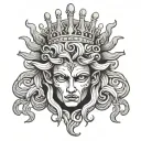 A beautiful Medusa's severed head with black glowing eyes and a crown tattoo design idea