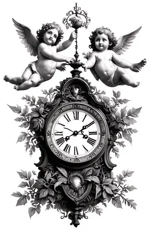 birth clock with cherubs flying with foliage  tattoo design idea
