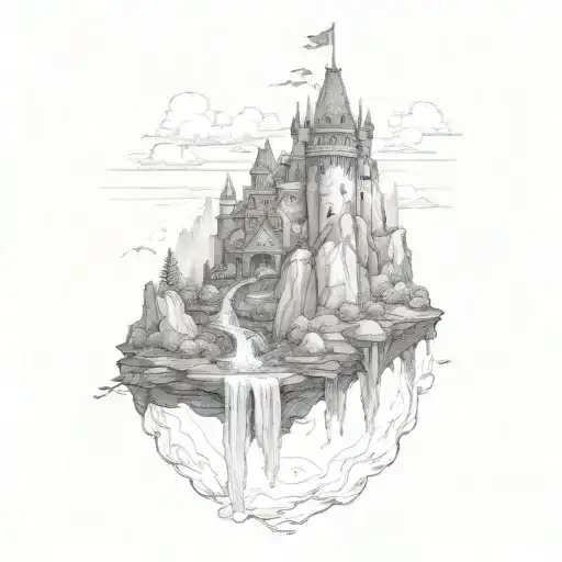 floating castle on rock with waterfall flowing down tattoo design idea