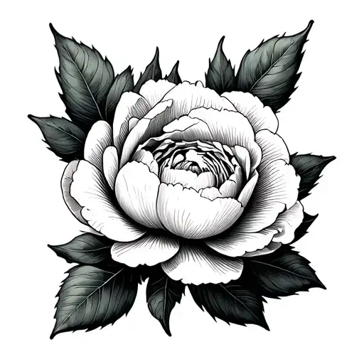The opened peony flower with Oldskul leaves tattoo design idea