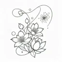 bouquet of sundrop flower and water lily with the tangled laterns and fire flies in the background tattoo design idea
