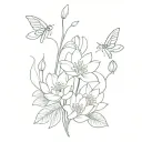 bouquet of sundrop flower and water lily with the tangled laterns and fire flies in the background tattoo design idea
