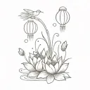 bouquet of sundrop flower and water lily with the tangled laterns and fire flies in the background tattoo design idea