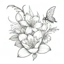 bouquet of sundrop flower and water lily with the tangled laterns and fire flies in the background tattoo design idea
