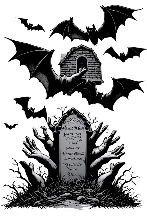 bats flying by graveyard scene with hands reaching from the ground tattoo design idea