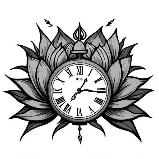 a men's tattoo on the forearms with a clock with arrows for hands points at 12:14 and a lotus flower with sharp designs  tattoo design idea