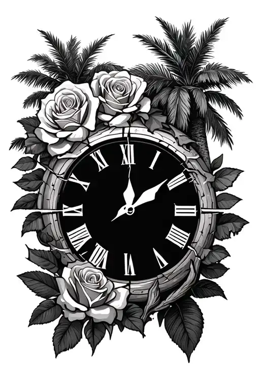 Roses 60 days sober broken clock palm trees tattoo design idea