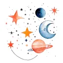 simple modern lines, multiple symbols, moon, stars, planets, outer space, darkness tattoo design idea