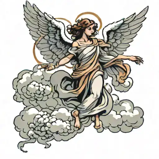A falling angel reaching towards the sky surrounded by clouds tattoo design idea