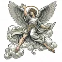 A falling angel reaching towards the sky surrounded by clouds tattoo design idea