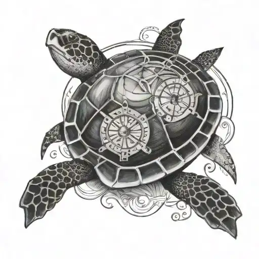sea turtle and compass tattoo design idea
