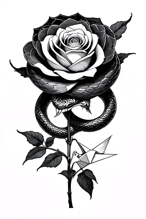 Snake coiling protectively around a rose with runes on its scales and an origami crane. head of snake is atop the rose  tattoo design idea