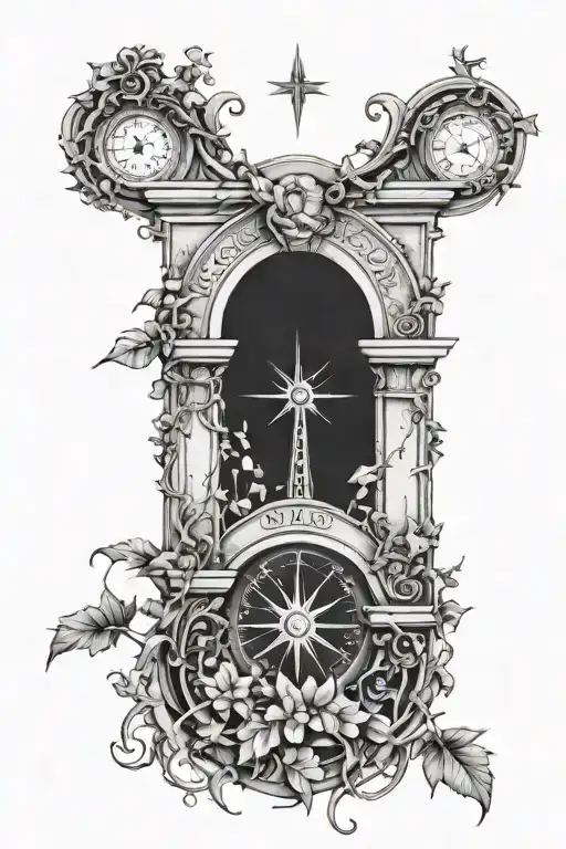 Arch monument with vines wrapping around the arch, and a compass integrated inside the arch. tattoo design idea