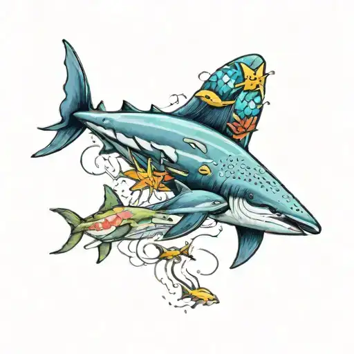 Realistic Memorial tattoo of a very colourful underwater scene showing stingray sharks and fish in the water.  tattoo design idea