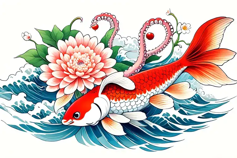 chrysanthemum koi octopus waves cherry blossom  tattoo design idea