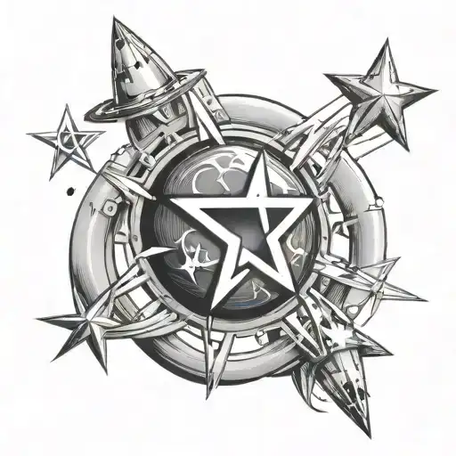 atom bomb in middle stars on rings tattoo design idea