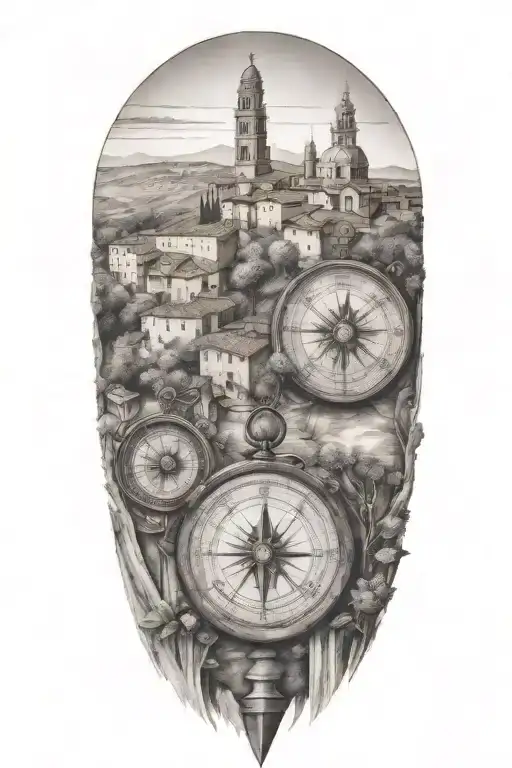 edges that fade and blend softly, italian tuscany landscape, pantheon, with trees and a compass  tattoo design idea
