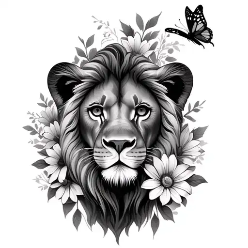 lion,flowers,butterfly, cubs face only tattoo design idea