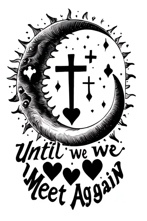 Sun, Moon, Polstärna, Black Small Heart, Cross, Sign for Conditional Love and Text: Until We Meet Again tattoo design idea