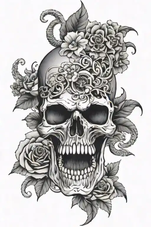 skull with dagger going through mouth surrounded by flowers with snakes coming out of eyes   tattoo design idea