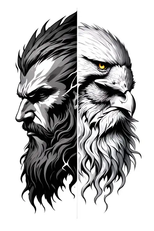 the realistic Kratos face and Zeus face with lightning and an eagle's head along with their, are not all mixed together tattoo design idea