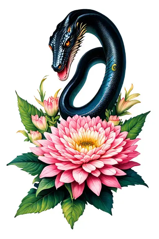 black mamba with chrysanthemum flower tattoo design idea