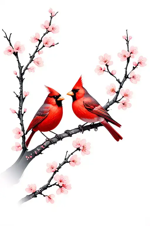Tattoo design of two cardinals perched on a delicate cherry blossom branch, facing each other in an intimate pose tattoo design idea
