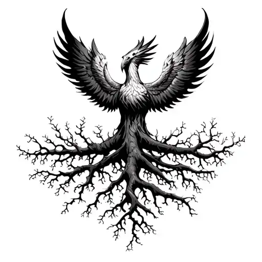 A phoenix rising from the roots of an ancient tree. The roots are tangled, symbolizing life's challenges and struggles.  tattoo design idea