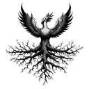 A phoenix rising from the roots of an ancient tree. The roots are tangled, symbolizing life's challenges and struggles.  tattoo design idea